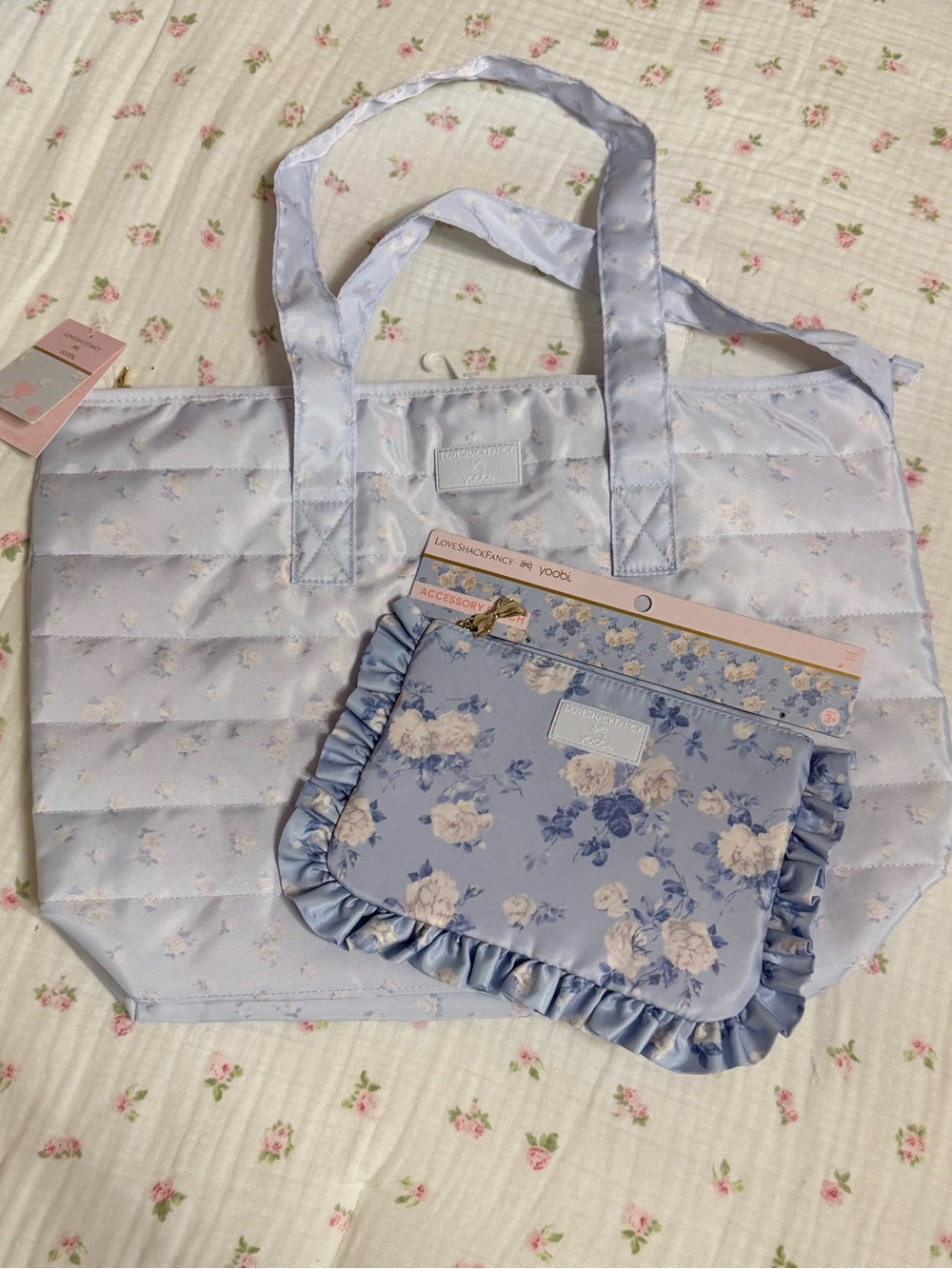 NWT LoveShackFancy x Target Light Blue Floral Quilted Tote & Ruffle Pouch